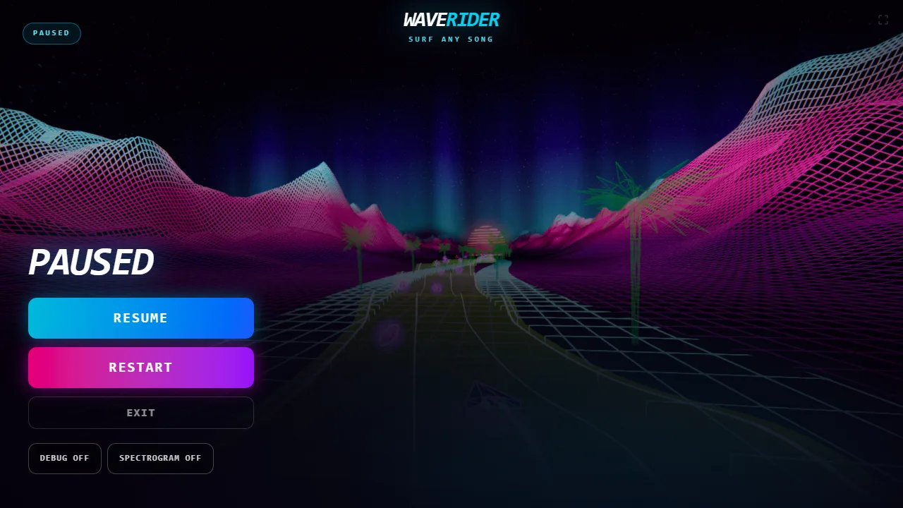 The pause menu with Resume, Restart and Exit buttons