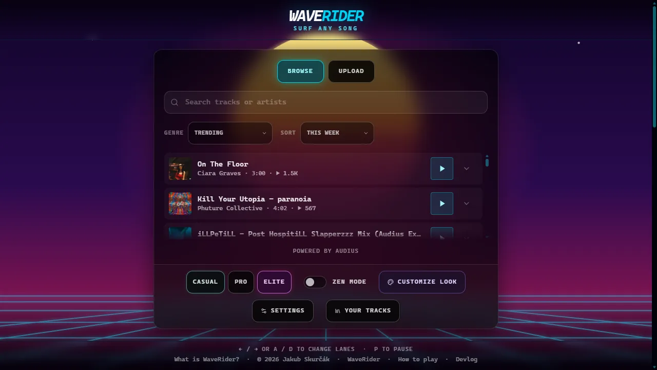The WaveRider home screen with the Browse and Upload tabs and a list of songs