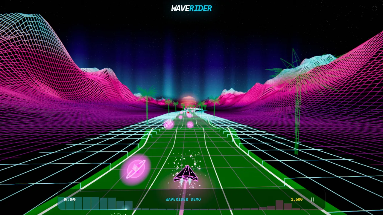 The ship on a three-lane neon road with orbs ahead and hills on either side
