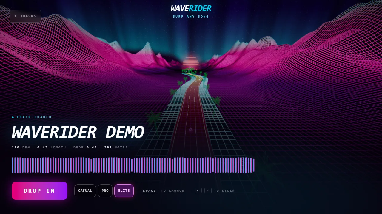 The track start screen showing the song title, its tempo, length and note count, and the Drop in button